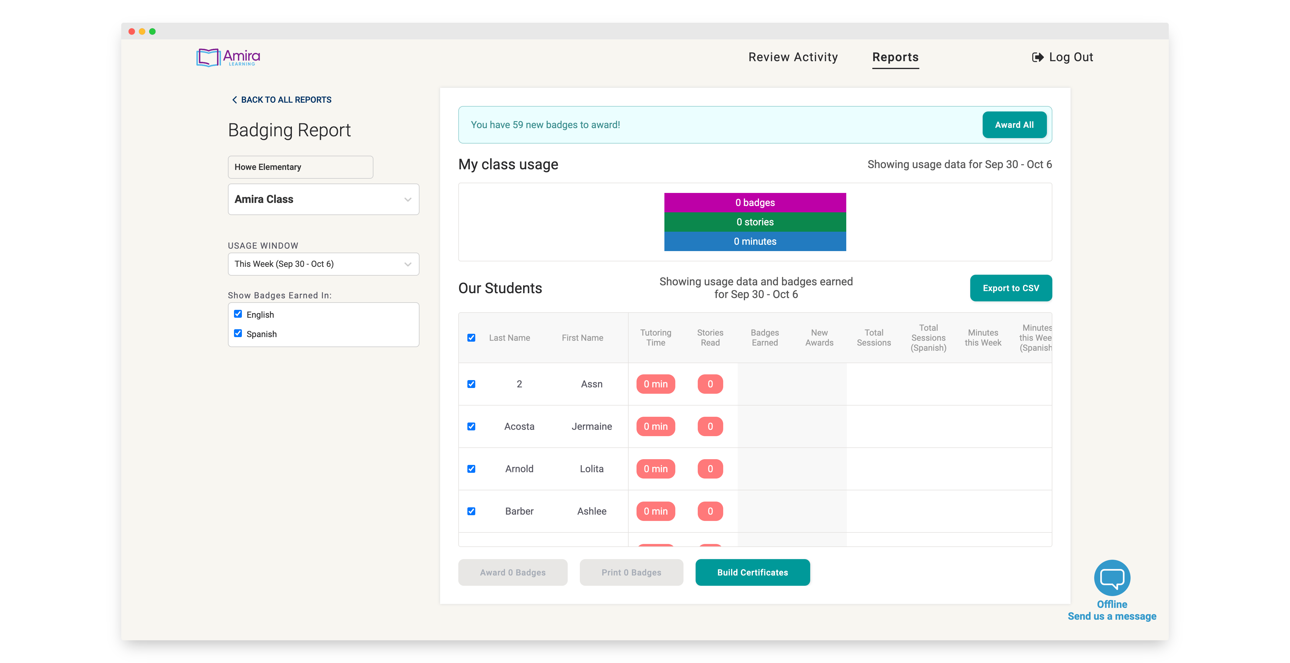 Screenshot of Teacher Reporting Portal for AI Tutoring Platform
