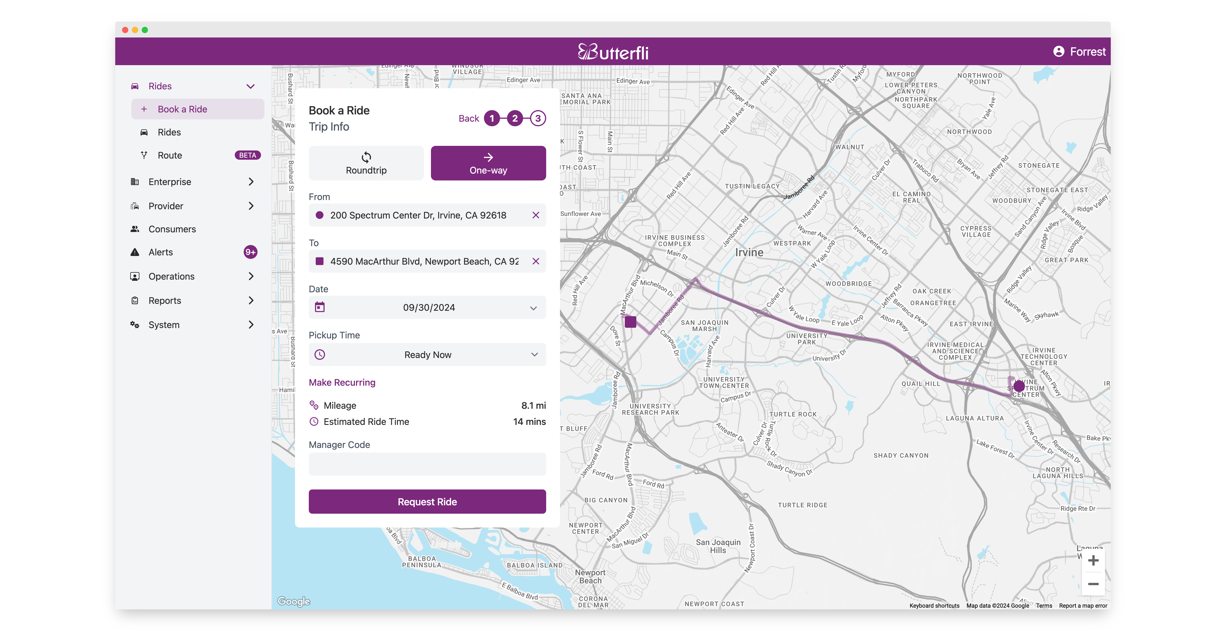 Screenshot of Non-Emergency Medical Transportation Platform